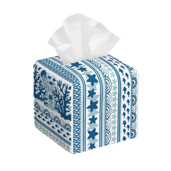 Vsdgher Sea Underwater Jellyfish Pattern Tissue Box Cover Holder, Square with Bottom Belt by Leather Decorative Organizer for Tabletop, Bathroom, Car, Office