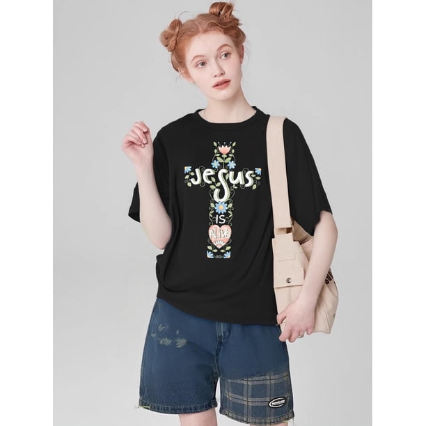 Women's Fashion Easter T-Shirt, "Jesus Is Alive" Print, Casual Round Neck, Sports Style, Short SleevCamisetas de verano para mujer, manga corta, cuello redondo, casual, lindo, con gráficos, camisetas