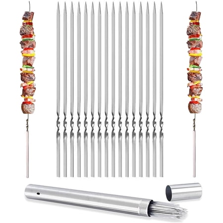 Pedoxline 13.2 inch Stainless Steel BBQ Skewers 20PCS, Reusable Grilling Skewer Sticks with Portable Tube Case for Outdoor Cooking & Barbecue Party