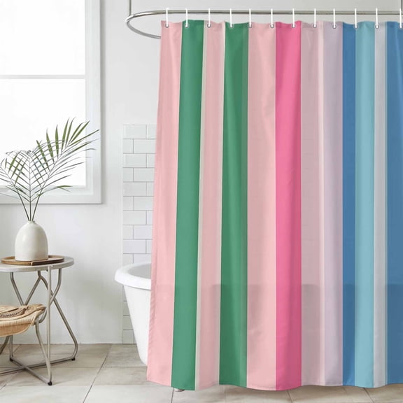Pink Green Blue Stripe Waterproof Fabric Shower Curtain,Farmhouse Stripes Contemporary Waterproof Fabric Shower Curtain for Bathroom Curtains Bathtubs Shower Curtains with 12 Hooks Standard 60x72