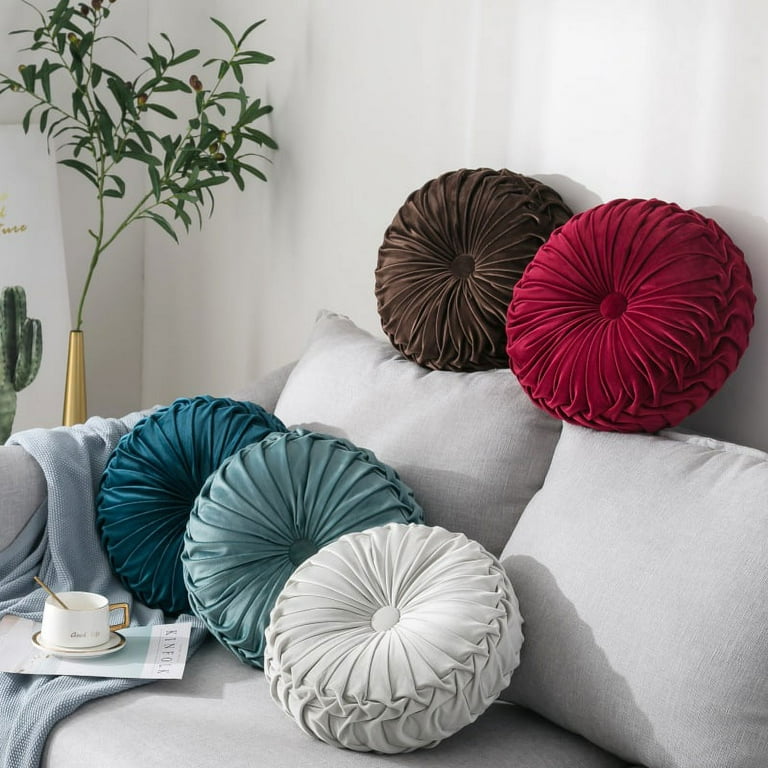 Fashion Round Cushion Velvet Fabric Soft Throw Pillow Pleated