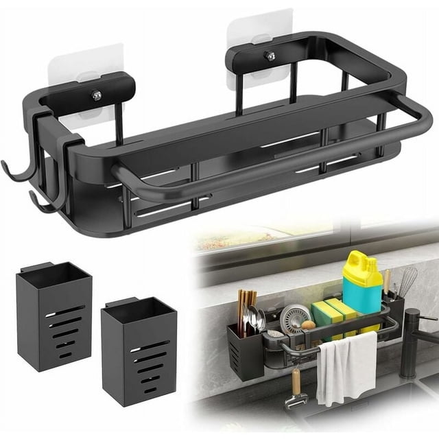 Escurridor de platos de pared, diseño de drenaje rápido, cesta hueca, organizador de ducha resistente, acero inoxidable resistente a la oxidación, para cocina y baño, color negro