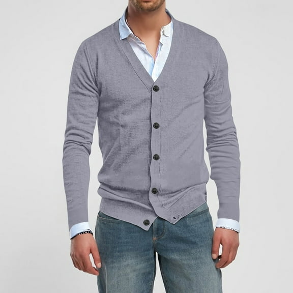 Zimjoy Mens Cardigan Sweaters Long Sleeve Button Down Gray Cardigan Casual Slim Fit V Neck Cable Knitted Sweater Vintage Open Front Lightweight Fall Clothes with Pocket, Gray L