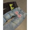 thumbnail image 2 of PROTECT Y2k - Pantalones vaqueros con estampado de estrellas cruzadas y estilo hip hop, estilo gótico, retro, holgados, azules y negros, para hombre, estilo punk, rectos, ropa de calle, 2 of 5