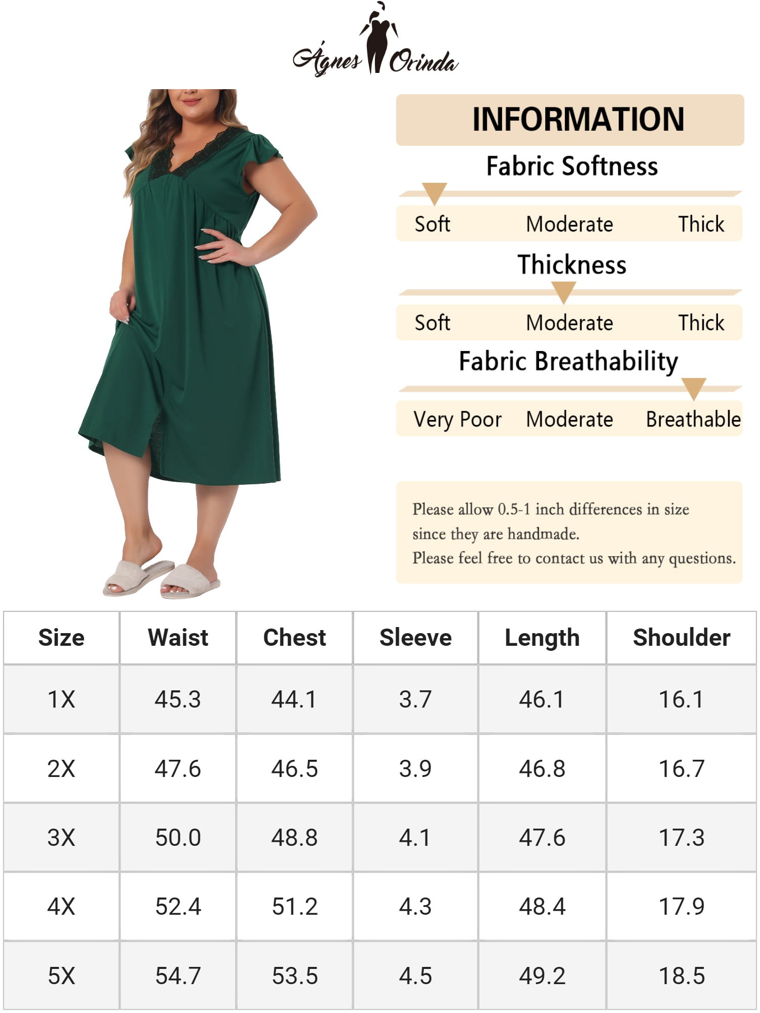 DARING DIVA Women's Plus Women's Lace V Neck Short Sleeves Nightshirt 1X Dark Green