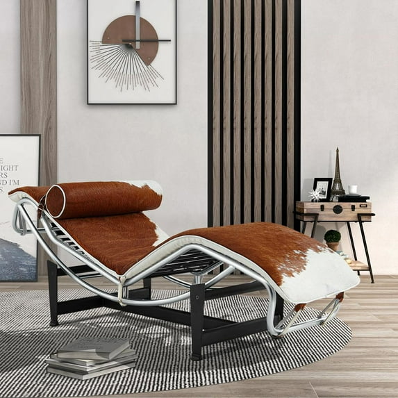 Chaise Lounge Chair, Mid Century Horse Hair Leather Patio Lounge Chair with Headrest, Adjustable Reclining Chair Portable Sleeping Chair for Living Room Bedroom, Weight Capacity 1000lbs, Brown & White