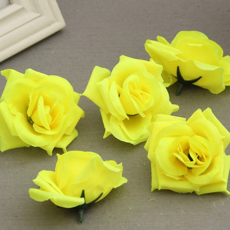 50 Flower Bud Heads (Yellow) In Bulk 50 Pcs Fake Artificial Silk Rose