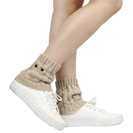 

Women Winter Twist Cable Knit Leg Warmers Cute Owl Eyes Buttons Crochet Boot Cuffs Topper Cover Solid Color Stretchy Ankle Socks