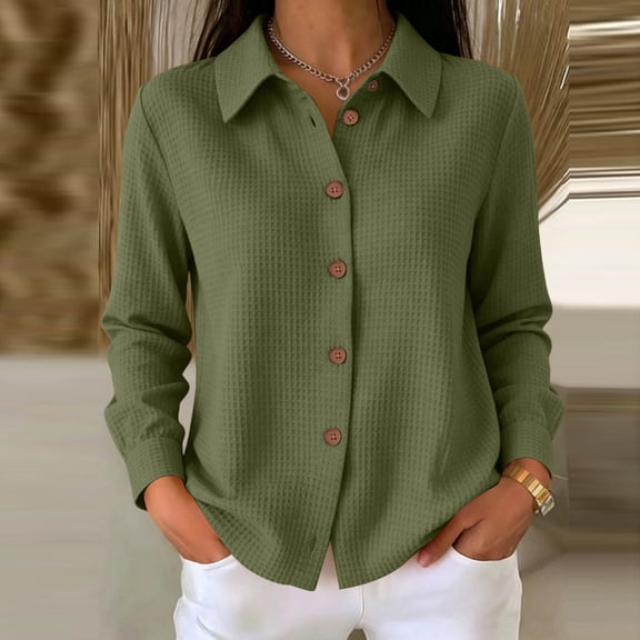 thefmos Women's Fall Winter Collared Long Sleeve Button Down Blouses Solid Casual Shirts Basic Dressy Tops for Office Work Daily Wear Fashion Clothes, Green 2XL