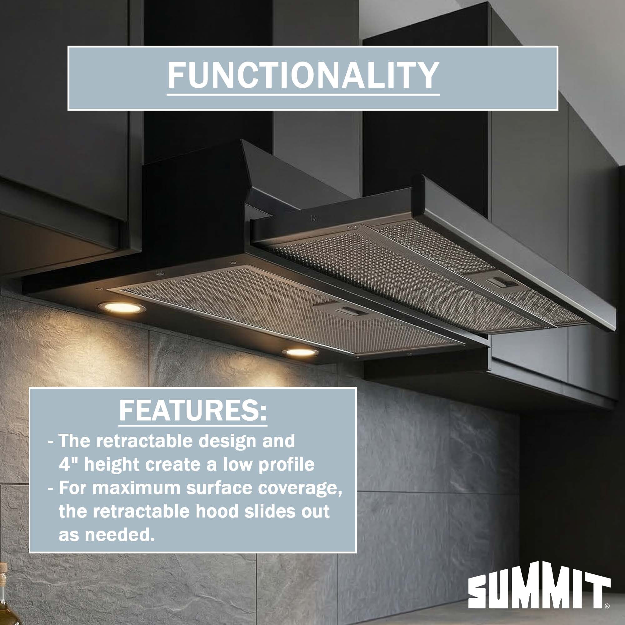 Summit 24 Inch Recirculating Range Hood, Retractable, Black - HRTX24B Made in the USA