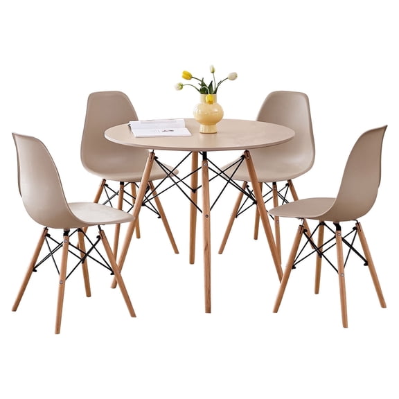5 Piece 35.5'' Round Dining Table Set for 4, Kitchen Table & Chairs Set of 4, Mid-Century Modern Table W/ 4 Chairs for Home, Living Room, Apartment, Wood Legs, Metal Frame, Sand