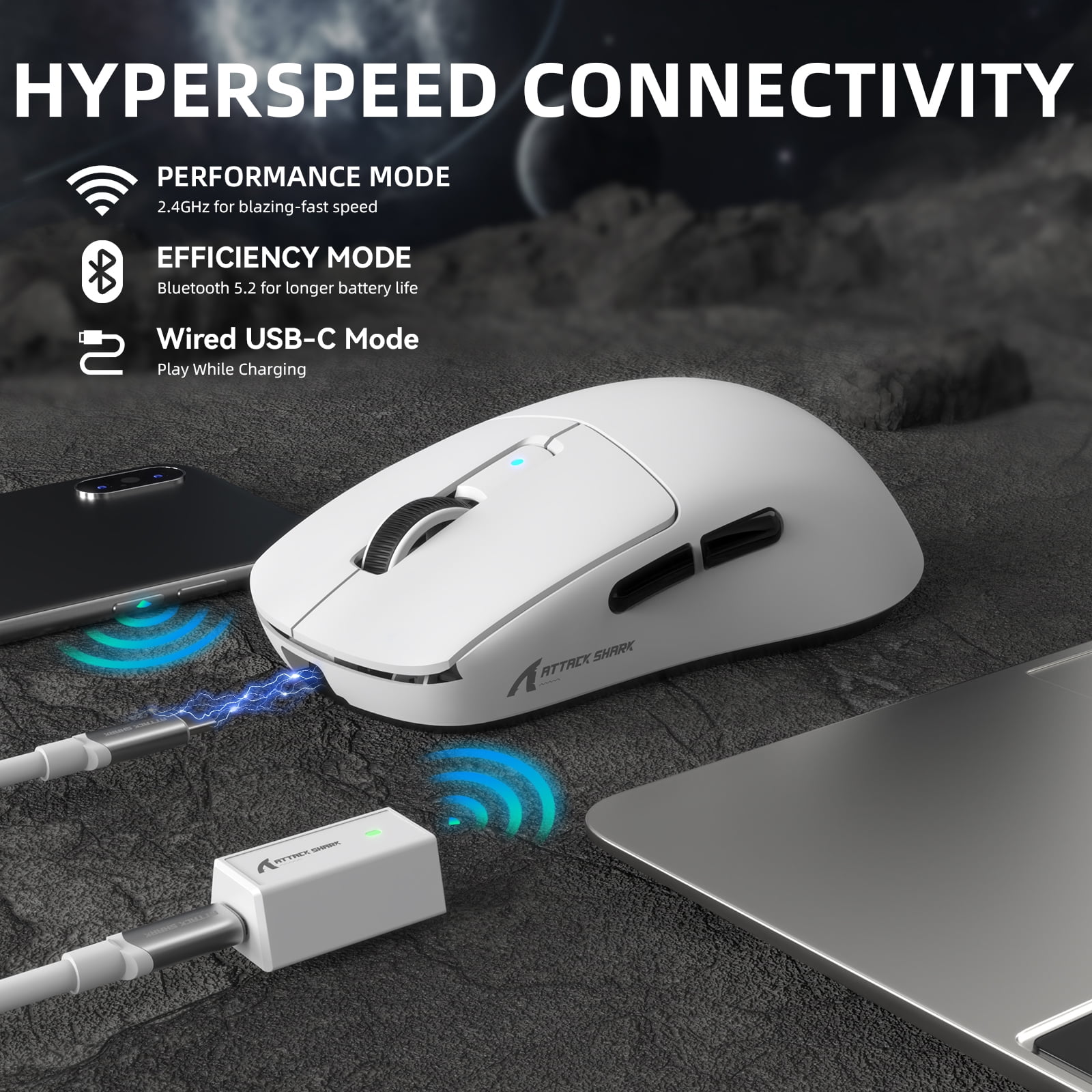 ATTACK SHARK R6PRO 39g Superlight Wireless Gaming Mouse, PixArt PAW3950MAX 42000 DPI, MCU Nodic 52840 Computer Mouse, 8K Polling Rate Web Driver, BT/2.4Ghz/Wired Tri-Mode Mice with Coiled Cable