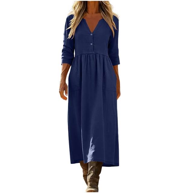 Kyusrd Robe Maxi pour Femmes à Manches 3/4, Robe Longue Évasée Ample à Col en V, Robe d'Été en Lin avec Poche
