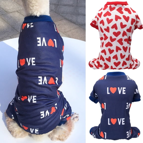Xingjin Sweet Hearts Dog Pajamas, Soft Cotton Four-Leg Jumpsuit for Small Dogs Chihuahua Yorkie, Valentine Pet Clothes Puppy Onesie for Winter,Blue L