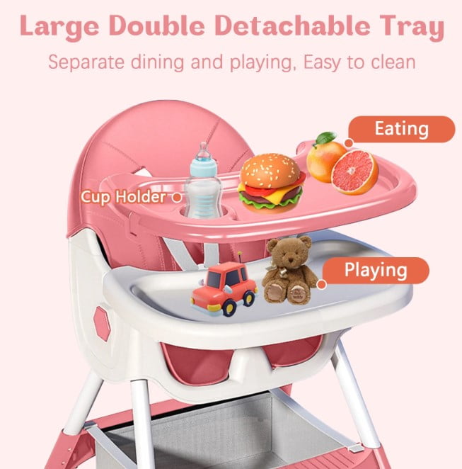 LHUAI, Foldable Baby High Chair, 4 in 1 Convertible High Chairs, With 5-Point Safety Harness, Adjustable Dining Tray & Backrest & Height, Easy To Clean Surface, For Babies And Toddlers, Pink