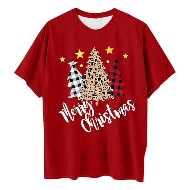 XDZJLR Chemises de Noël pour Femmes Grande Taille Imprimé de Noël T-Shirt Col Rond Ample Haut Graphique de Vacances Confortable Tenue Décontractée Rouge TG