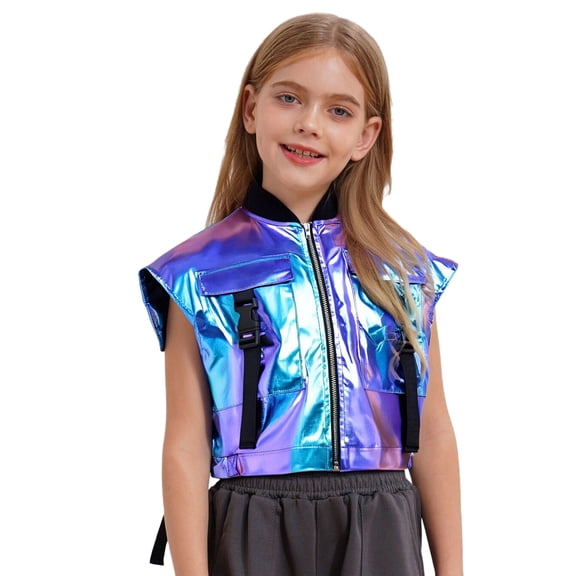 TiaoBug Kids Girls Shiny Metallic Zip Up Jacket Hip Hop Dance Performance Sparkly Cropped Tank Top Blue 8