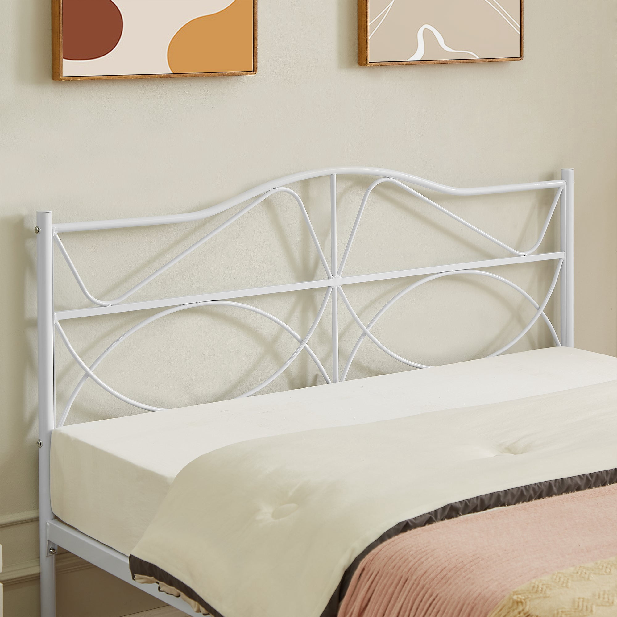 VECELO Full Size Metal Platform Bed Frame with Headboard, Heavy Duty Steel Slats Support/No Box Spring Needed, White