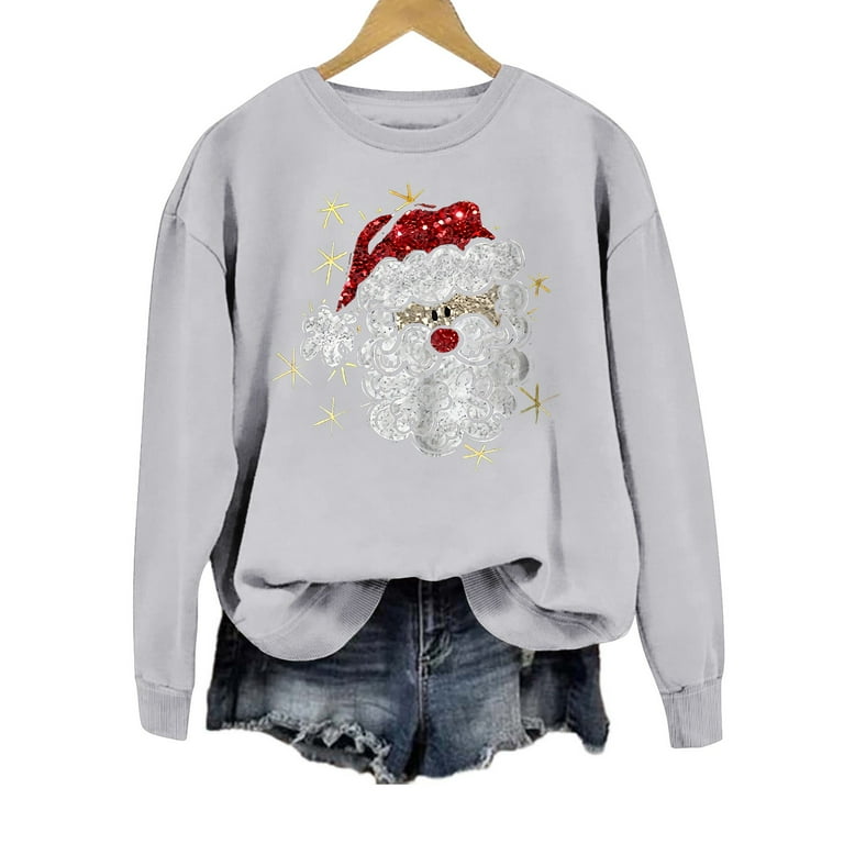 Casual Santa Claus Sequins O Neck Tops Casual Santa Claus Sequins O Neck Tops