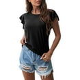 thumbnail image 2 of Summer Polyester Short Sleeve Crewneck Spandex T Shirts for Women Black Fashion Solid Color Crew Neck Ladies Round Ruffle Shirt XL, 2 of 3