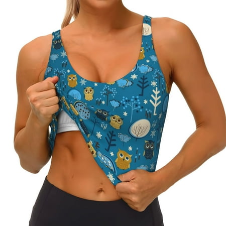 Qokaie Owls And Trees Pattern Womens Scoop Neck Sports Bra Breathable Workout Vest Padded U Back Medium Impact Fitness Gym Yoga Bra Workout Crop Top