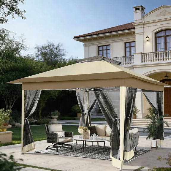 COBIZI 12x12 Pop up Gazebo Outdoor Canopy Gazebo Patio Gazebo with Mosquito Netting Canopy Shelter with 121 Square feet of Shade for Poolside, Garden, Party and Backyard, Khaki