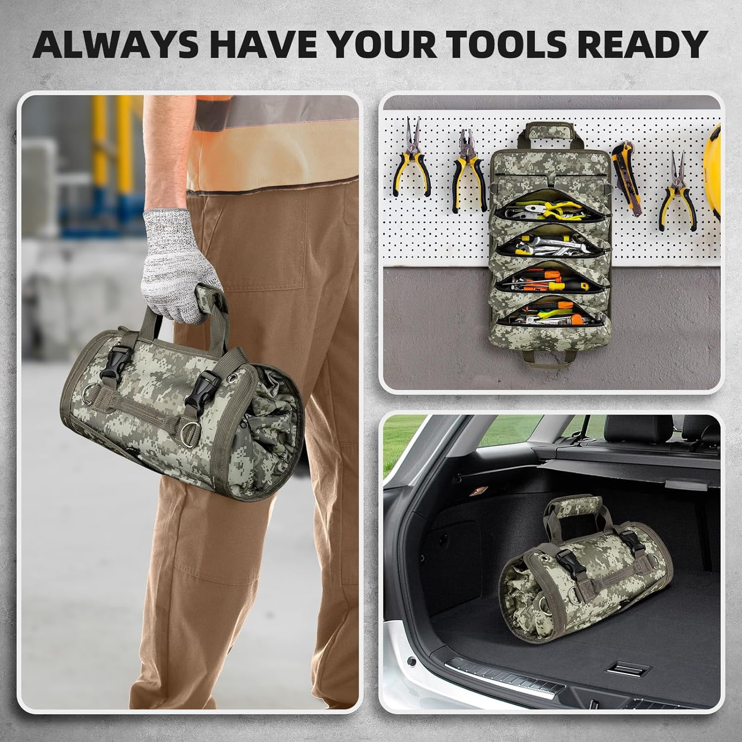 Tool Bag Roll Up, UUP Heavy Duty Tool Organizer for Men Women, Portable Tool Storage Box with 2 Detachable Zipper Pouch, Compact Small Carrier Bag for Electrician Mechanic, Father Day Dad Gifts, Green