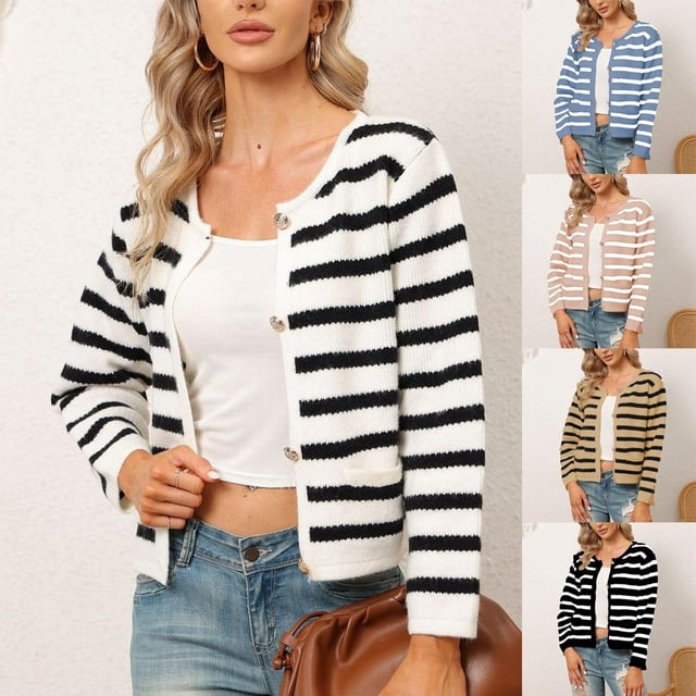 EGNMCR Pull à Col Rond pour Femmes, Pull pour Femmes et Cardigan Décontracté d'Hiver pour Femmes Blouse à Simple Boutonnage Manches Longues Rayé Hauts Courts Pull pour Femmes
