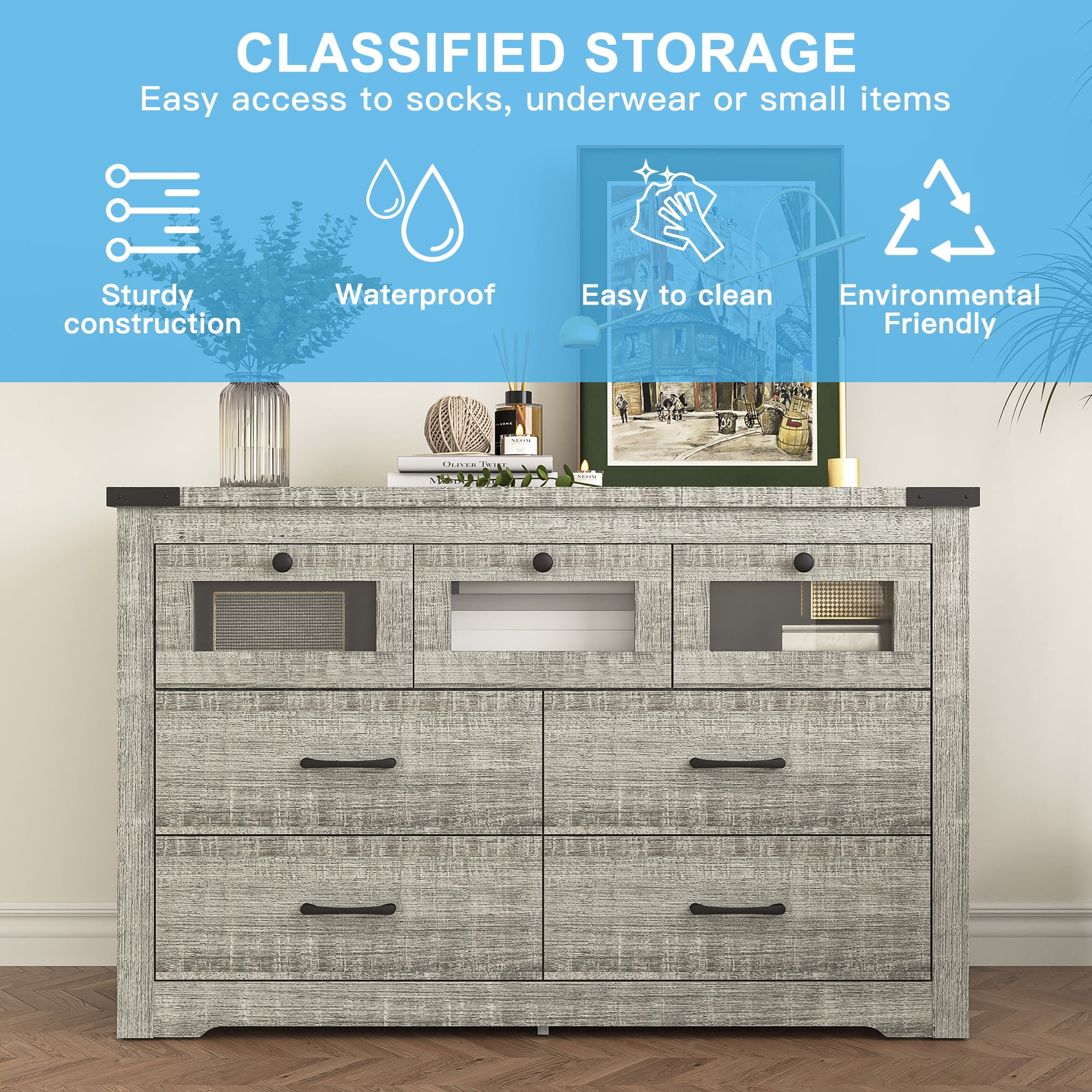 Resenkos Farmhousetic Wooden Led 7 Drawers Dresser for Bedroom, Industrial Gray Chest of Drawers