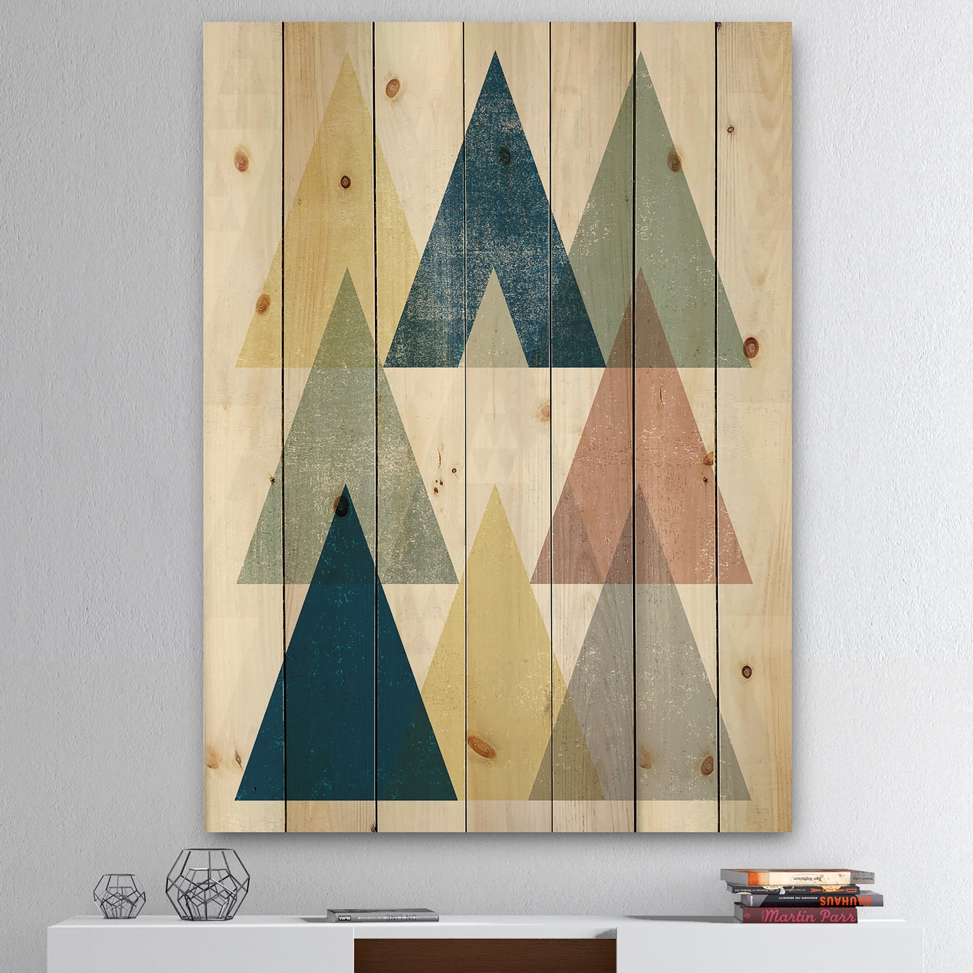 Designart 'Geometrical Composition Triangles II' Modern & Transitional Print on Natural Pine Wood
