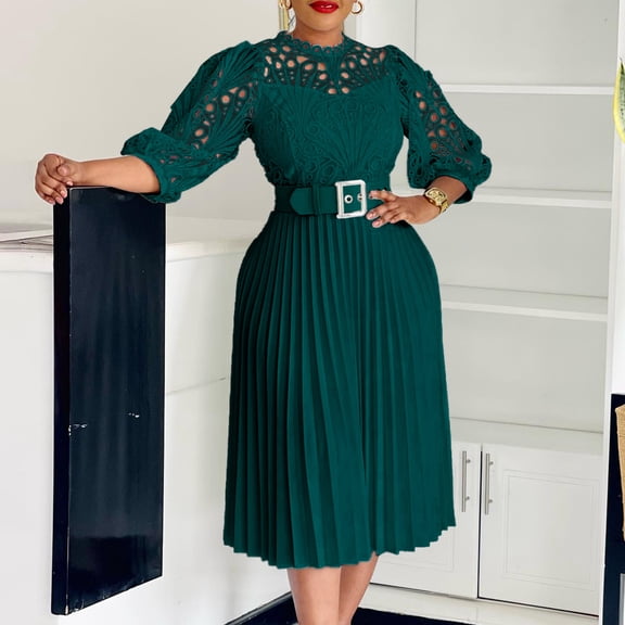 AURA Womens Elegant Lace Hollow Out Pleated Midi Dress High Waist Belted 3 4 Lantern Sleeve