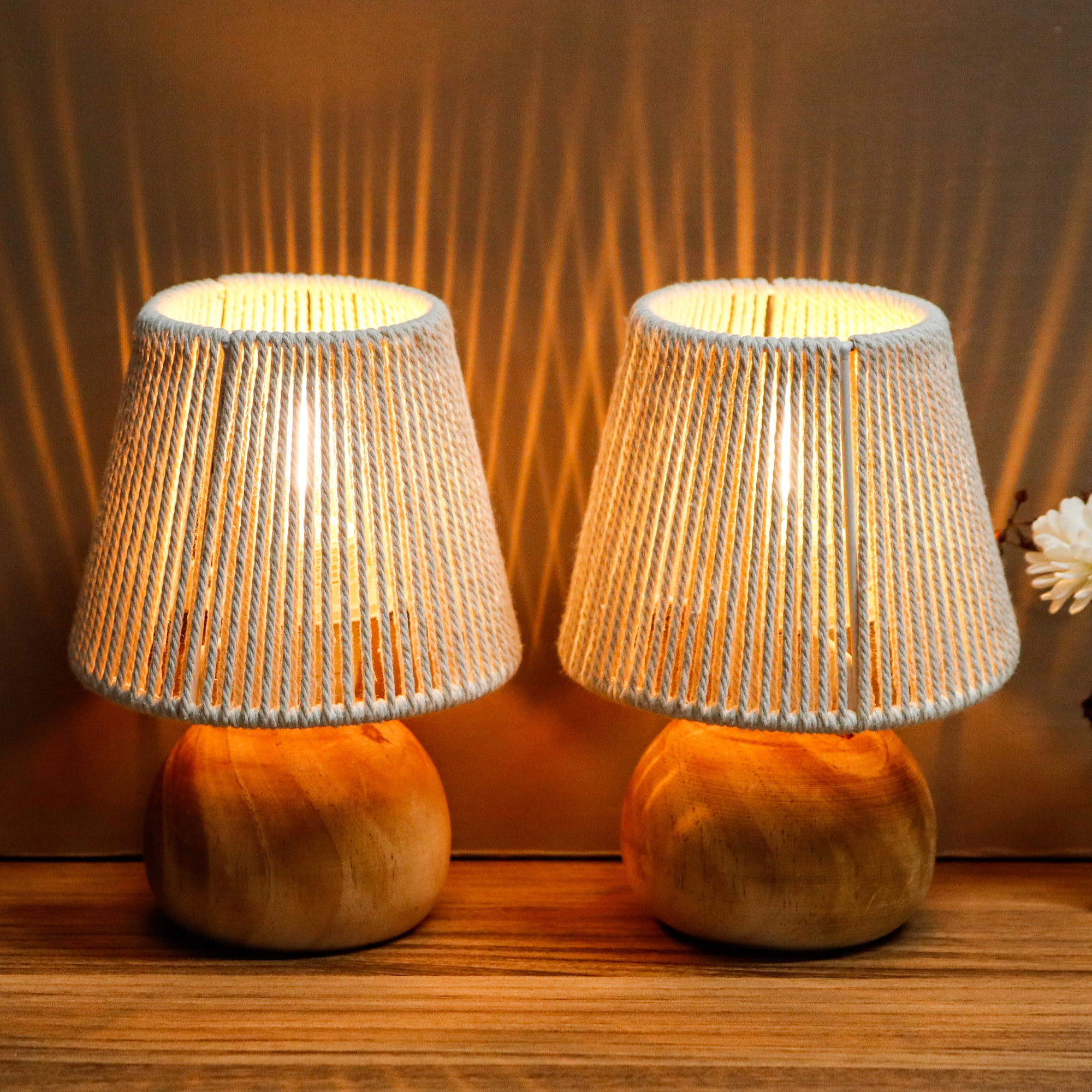 Set of 2 Woven Cotton Rope Table Lamp - 8'' Tall Cordless Battery Powered Lamps with Wooden Base