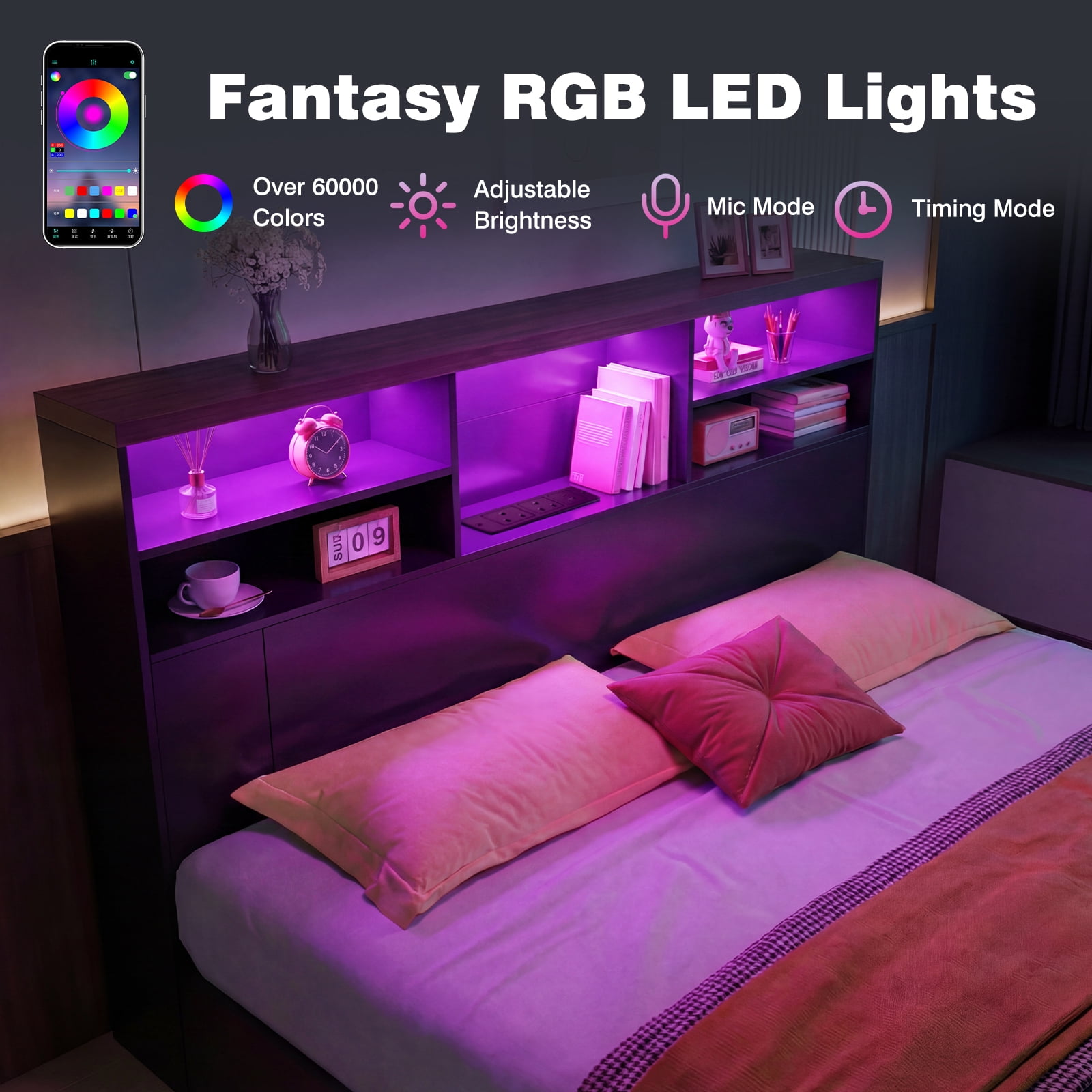 Advwin 63" Full/Queen Storage Headboard with LED Lights & Charging Station, Modern Bookcase Headboard, Space Saving Wood Headboard Only for Bedroom, Black & Walnut