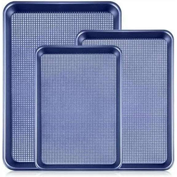 Baking Sheet Set of 3, Cookie Sheets For Baking with Square Texture Pattern, Thicker Carbon Steel Non-stick Baking Pan Half/Quarter/Jelly Roll Pans Tray for Oven-Blue