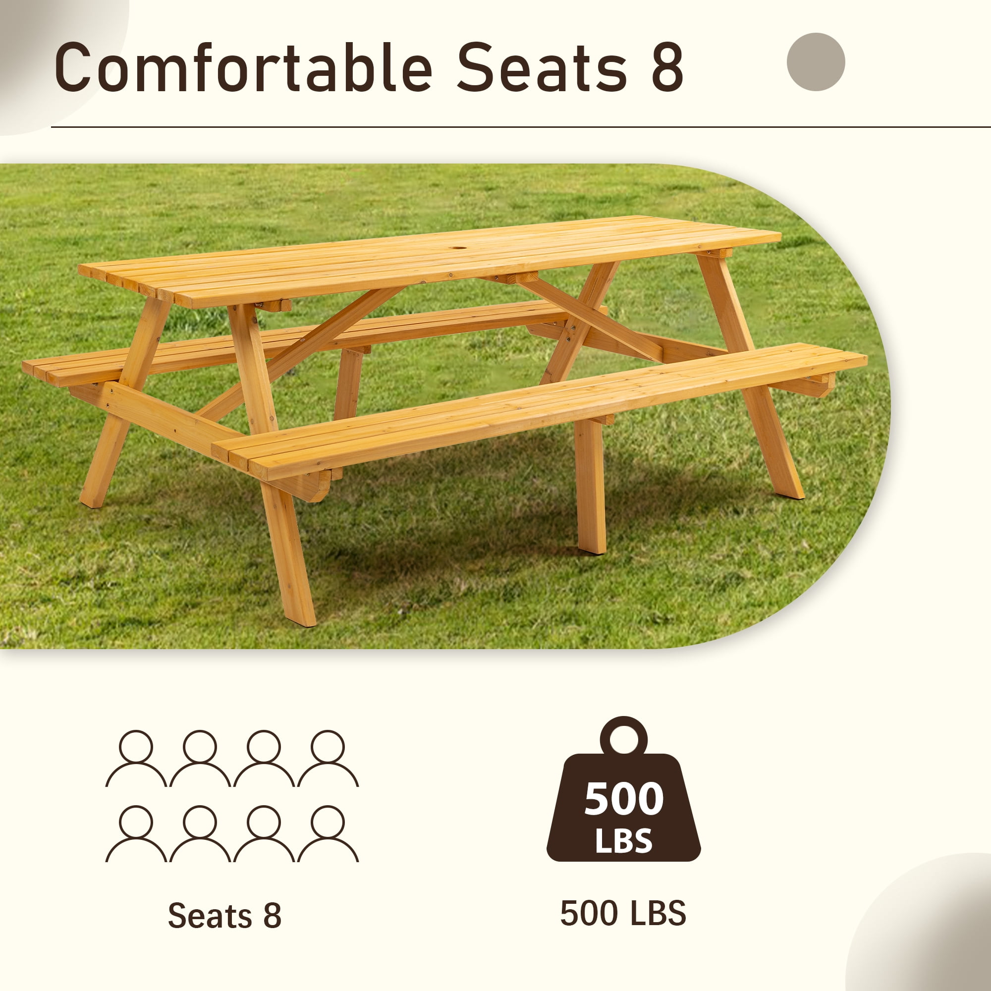 8-Person Rectangle Outdoor Wooden Picnic Table w/ 2 Built-In Benches,Outdoor Camping Dining Table for Backyard,Garden,Patio,2220 lbs Capacity