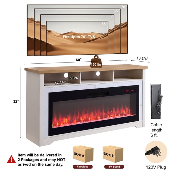 Miekor Furniture 60 inch Fireplace TV Stand for TVs up to 70",with 50"smart Electric Fireplace,white 12076