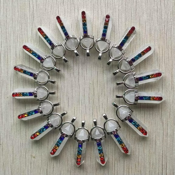 HOOUN 30pcs Natural White Crystal Stone Hexagonal Pointed 7 Color Reiki Chakra Pendant