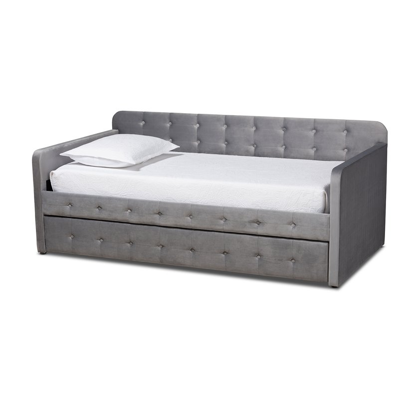Bowery Hill Gray Velvet Upholstered Twin Size Daybed with Trundle