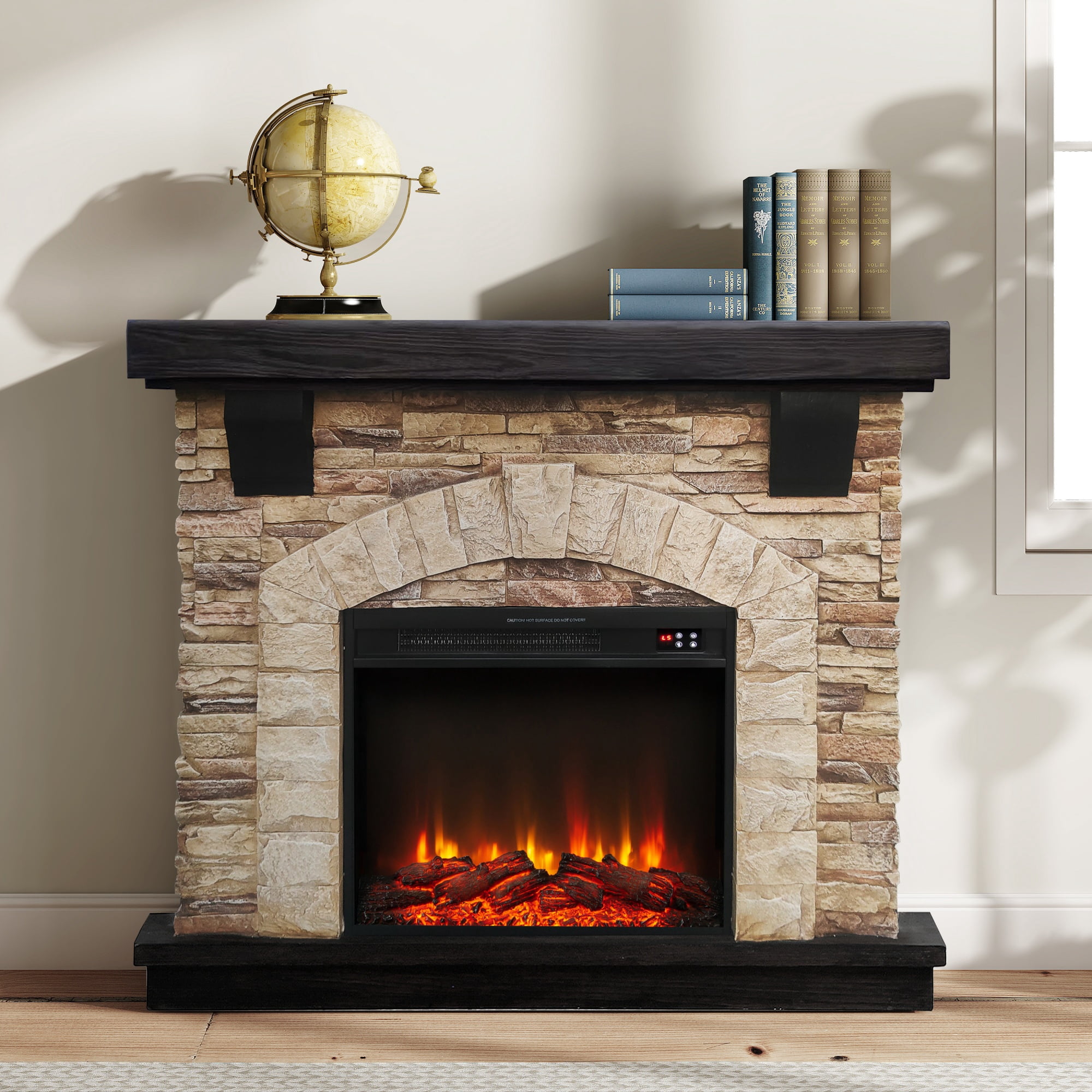 45" Electric Fireplace with Faux Brick & Remote Control, Brown, Includes Mantel