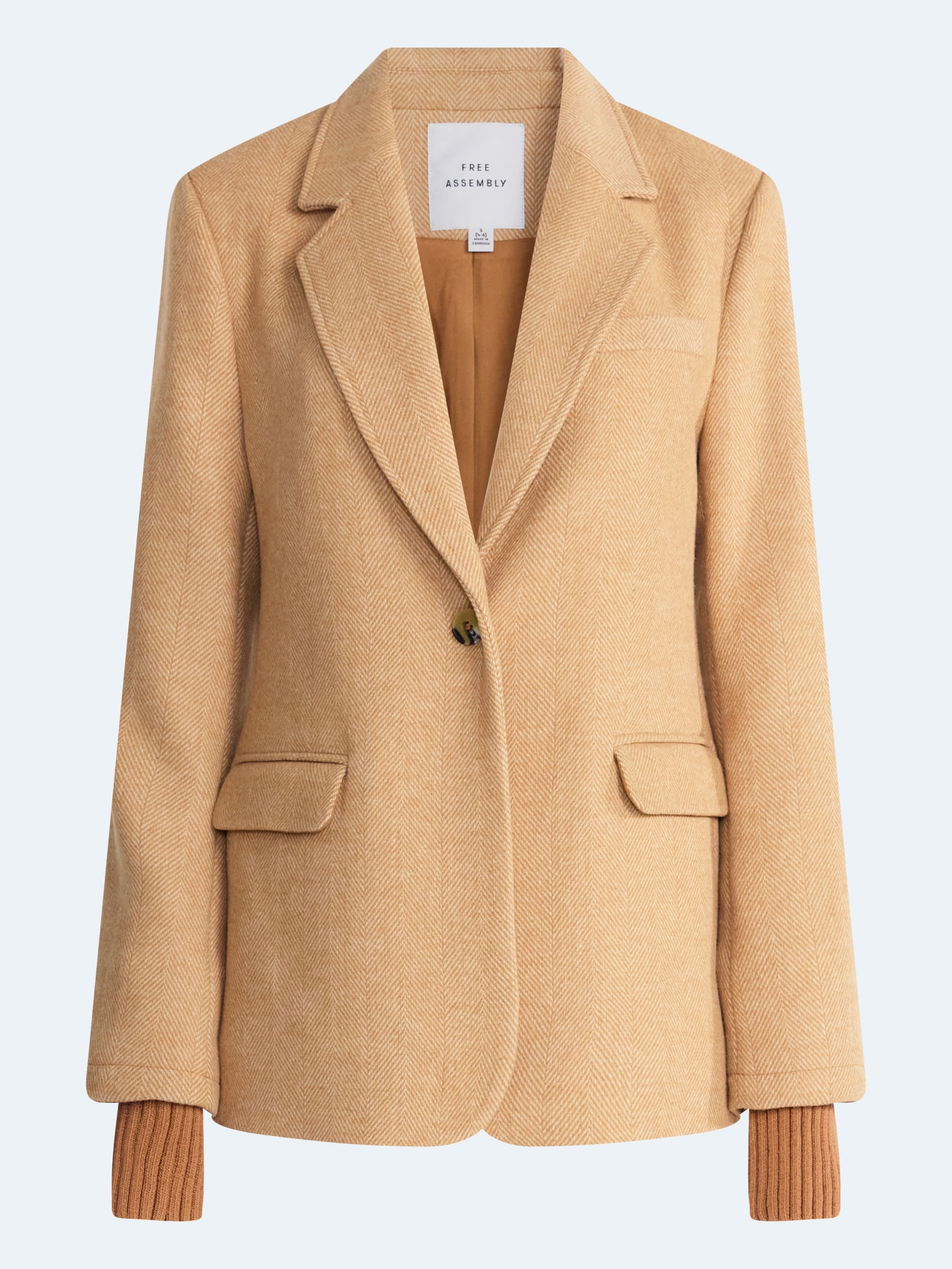 Free Assembly Women's and Women's Plus Single-Breasted Blazer with Ribbed Cuffs, Sizes XS-4X