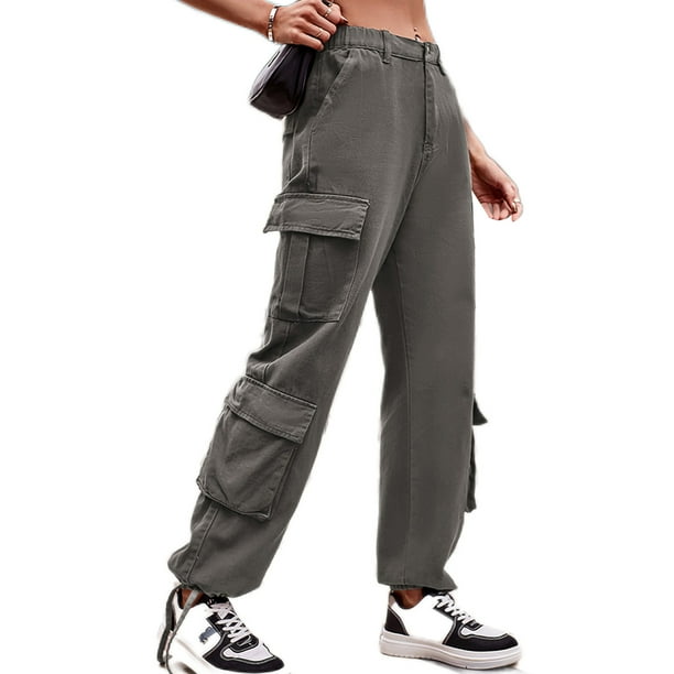 MAWCLOS Ladies Bottoms Drawstring Cargo Pant High Waist Denim Pants Stretch  Summer Solid Color Trousers Gray XL 