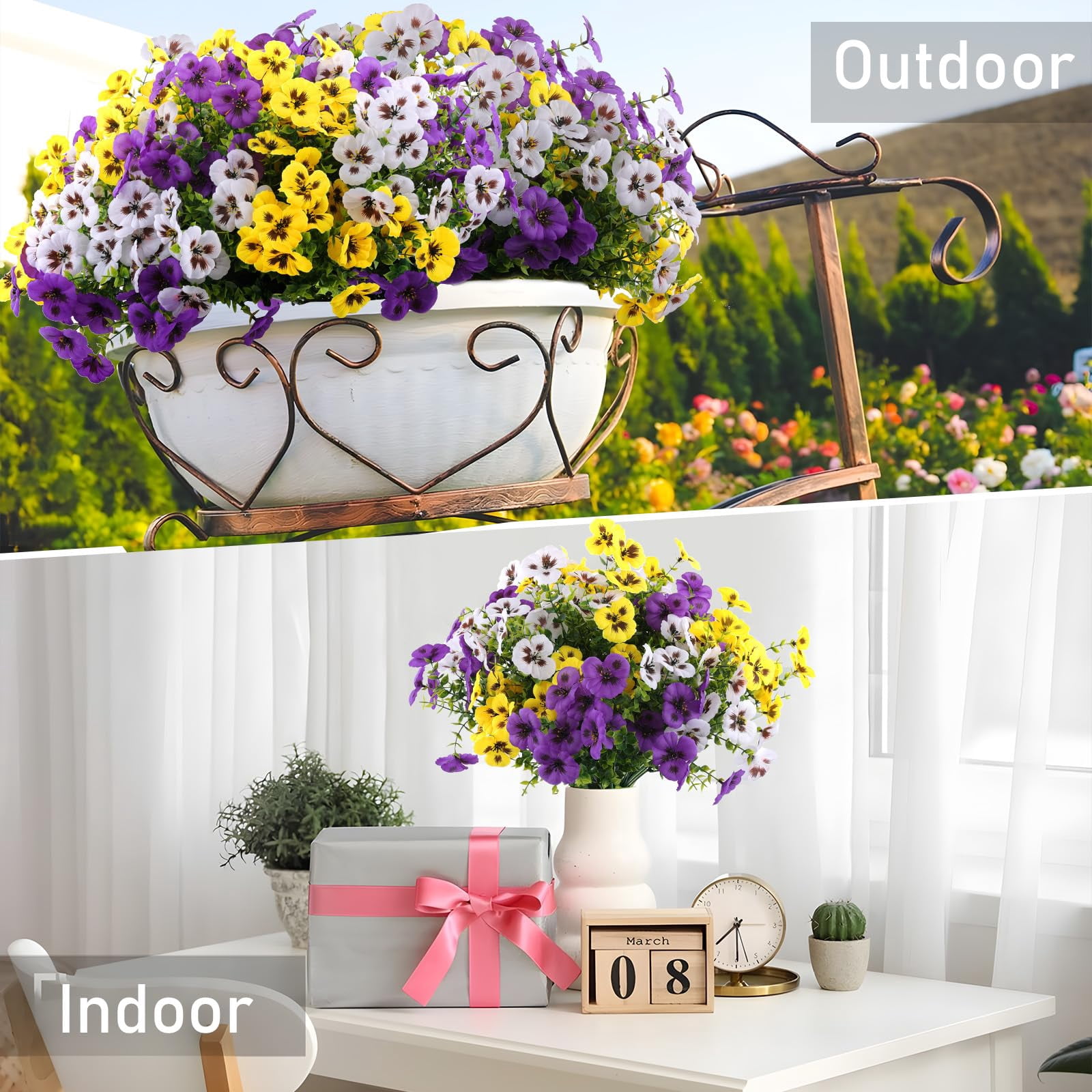 TETOU 15pcs Artificial Flowers for Outdoor Decoration,Fake Silk Colorful Plastic Flowers UV Resistant No Fade for Front Door Garden Yard Balcony Spring Summer Farmhouse Decor(Purple, Yellow, White)