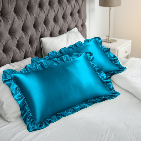 PiccoCasa 2Pcs Satin Ruffled Pillowcase, Silk Pillow Shams Oxford Pillowcases Peacock Blue Standard