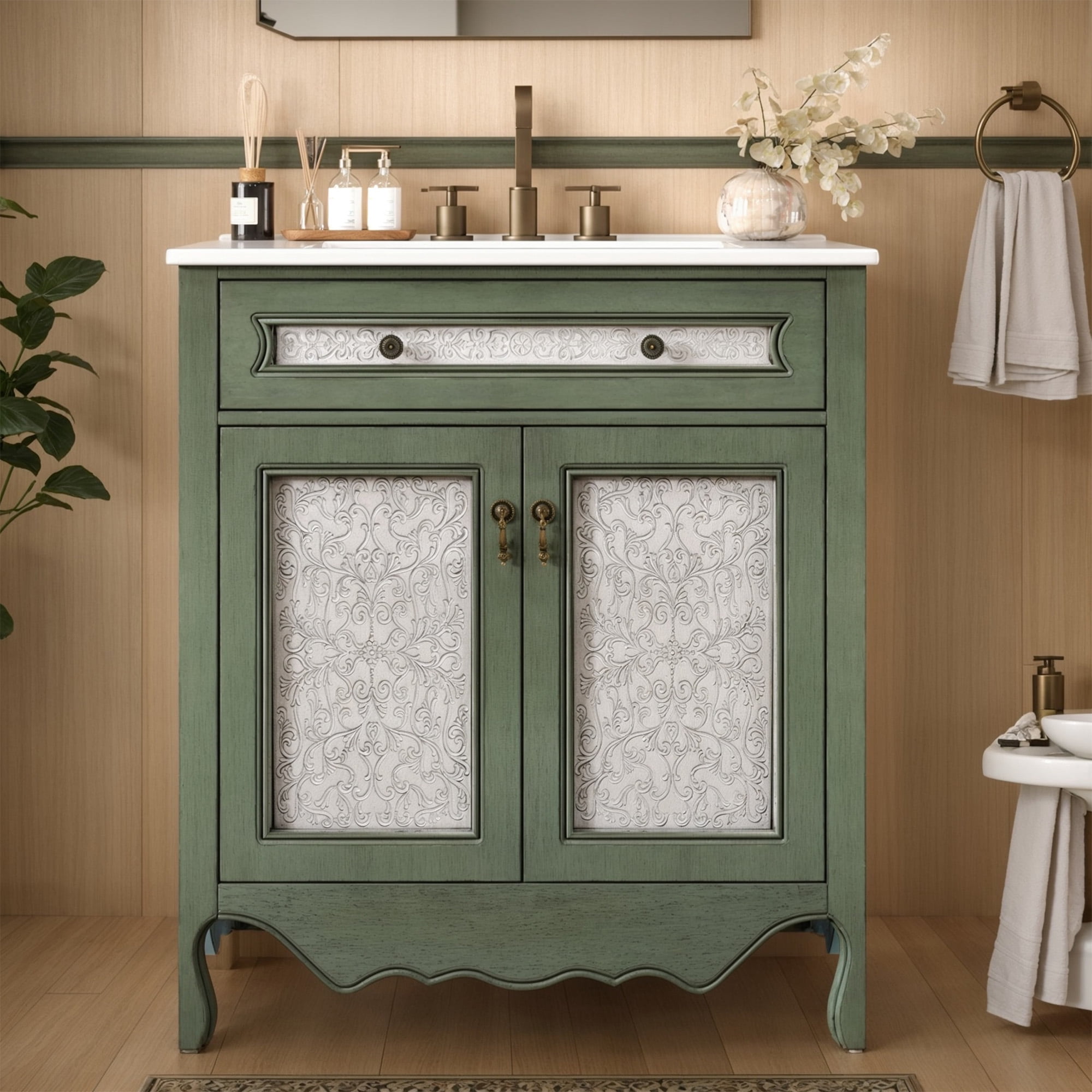 SogesPower 30" Antique Pattern Bathroom Vanity with Ceramic Sink, Solid Wood Bathroom Makeup Cabinet with Tip-Out Tray / Flip-Out Drawer, FreeStanding Single Basin Vanity Set, Antique Green + Blue