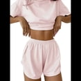 thumbnail image 1 of Pijama de Rayas para Mujer, Conjunto de Dos Piezas, Camiseta con Estampado de Rayas y Hombros Caídos, Pantalones Cortos Cruzados con Abertura. Rosa M, 1 of 7
