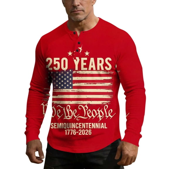 250 Anniversary Usa Shirt for Mens Long Sleeve American Flag Graphic T Shirts Patriotic Henley Button Raglan Tees Tops Casual Lightweight Clothes