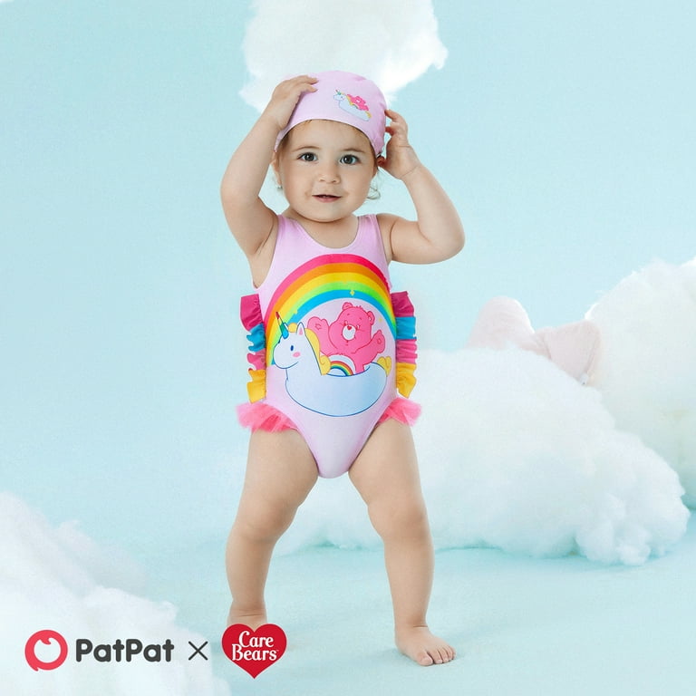 Care Bears Baby Girls Bikinis Swimsuit with Hat Rainbow Graphic Swimwear Ruffle Butts Bathing Suit Summer Outfits Sets 0 3 24M