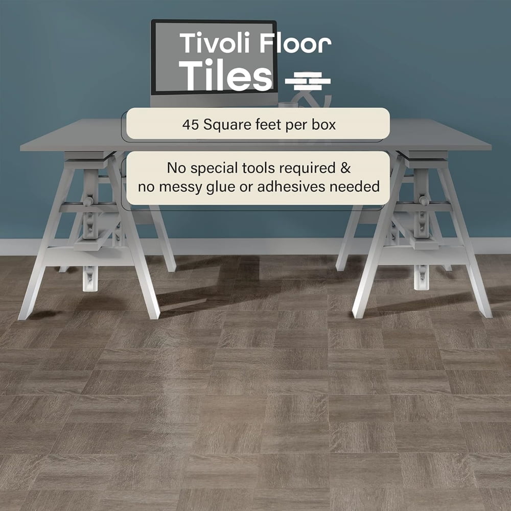 Tivoli Self Adhesive 45 Pcs Vinyl Floor Tiles, 12 x 12 inches Peel and Stick Floor Tile Stickers, Flooring Tiles for Kitchen, Dining, Bedroom, Living Room, Bathroom - Charcoal Grey Wood