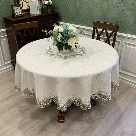 

Wrcnote Table Flag Lace Stitching Tablecloth Round Shape Textured Placemats Vintage Floral Decorative Plain Durable Solid Color Gray 110cm