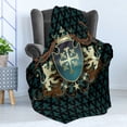 thumbnail image 4 of Medieval Soft Flannel Fleece Throw Blanket, Heraldic Design from Middle Ages Coat of Arms Crown Lions and Swirls, Cozy Plush for Indoor and Outdoor Use, 50" x 70", Teal Black Cinnamon, by Ambesonne, 4 of 5
